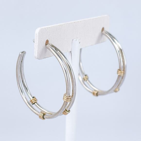 Vintage Sterling Silver 925 Double Shank Gold-Tone Wire Wrapped Hoop Earrings - Picture 5 of 9